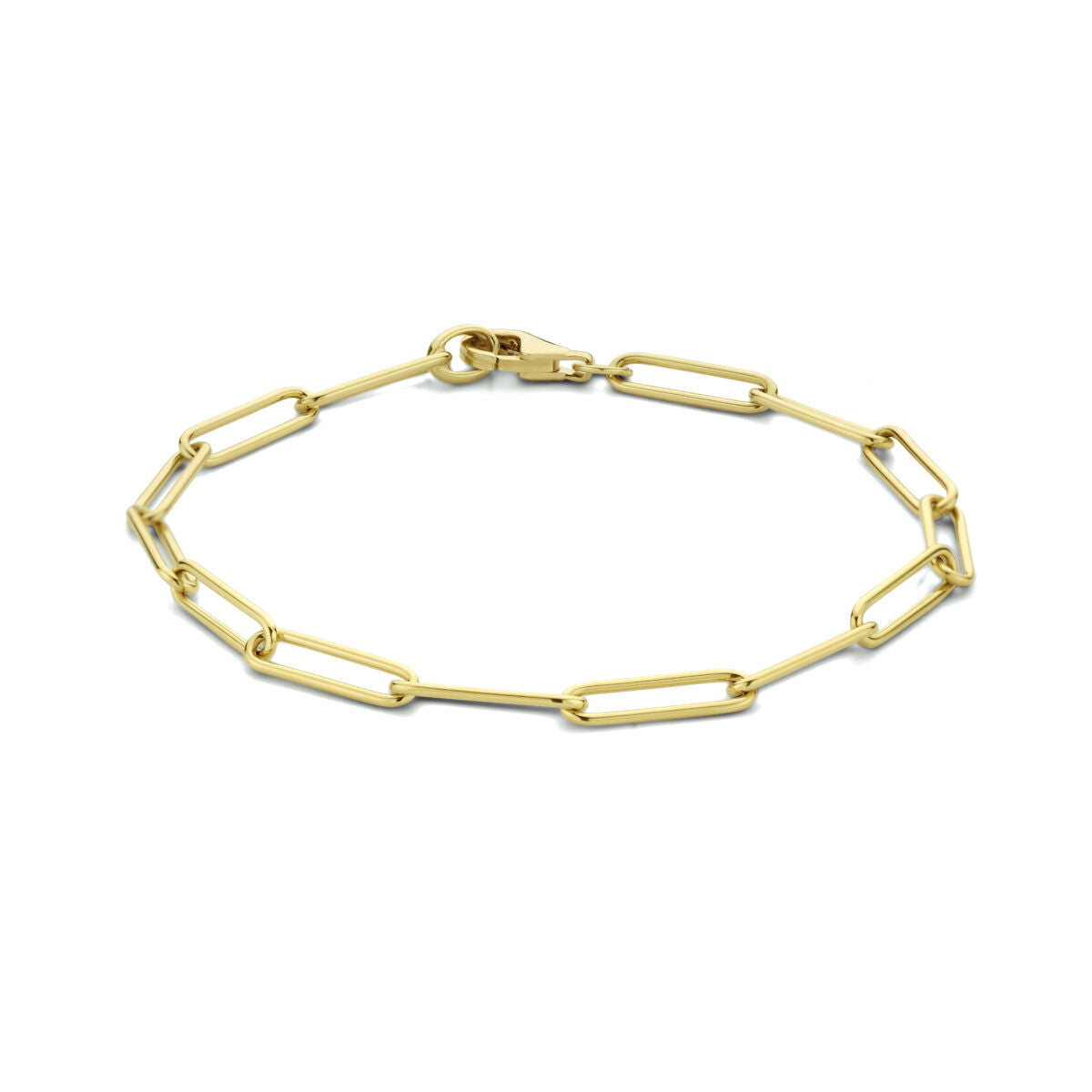 Bracciale in oro giallo 14K con maglie a forma di clip di carta, largo 3,9 mm e lungo 19 cm.