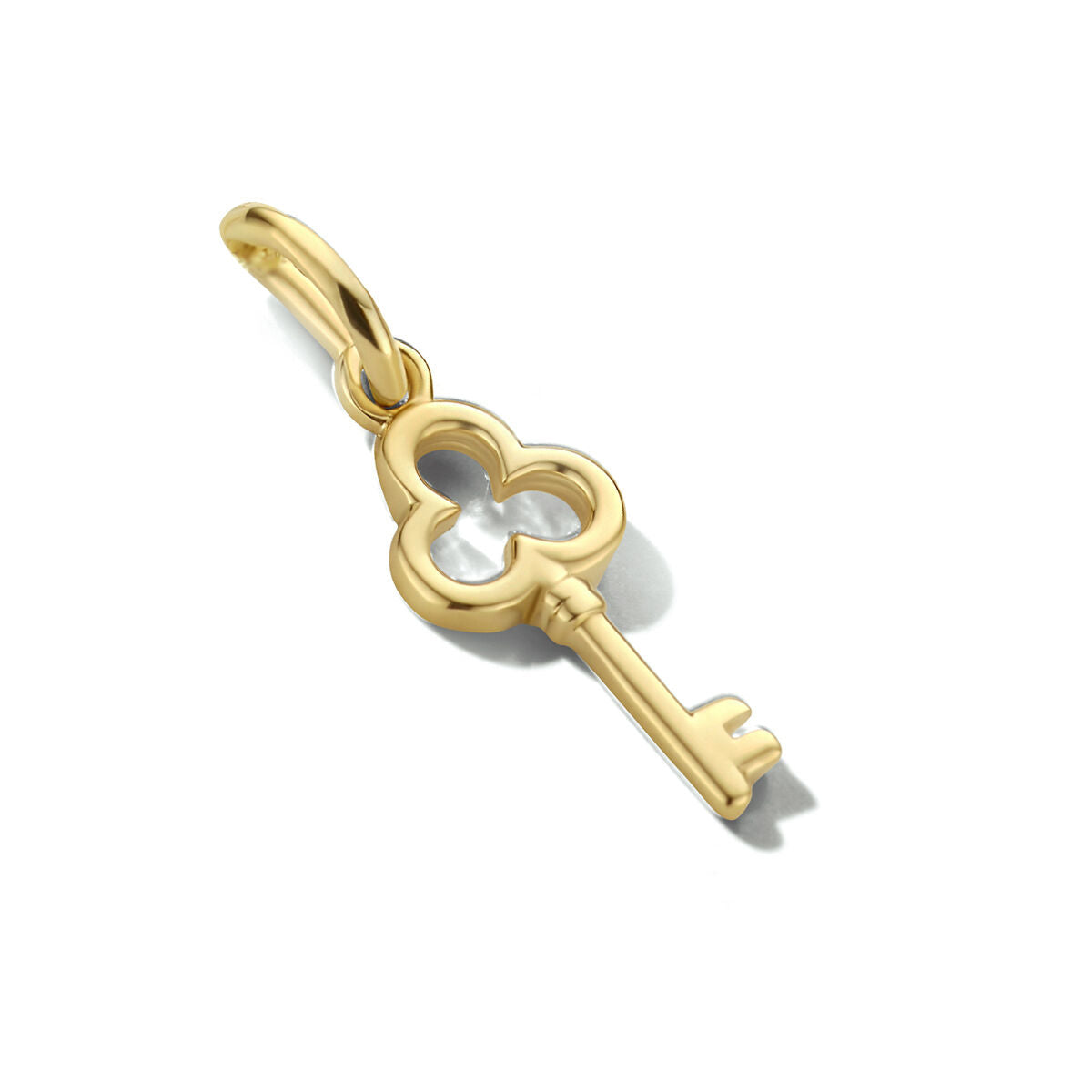 Hanger in de vorm van een sleutel, gemaakt van 14K geelgoud met een glanzende afwerking.