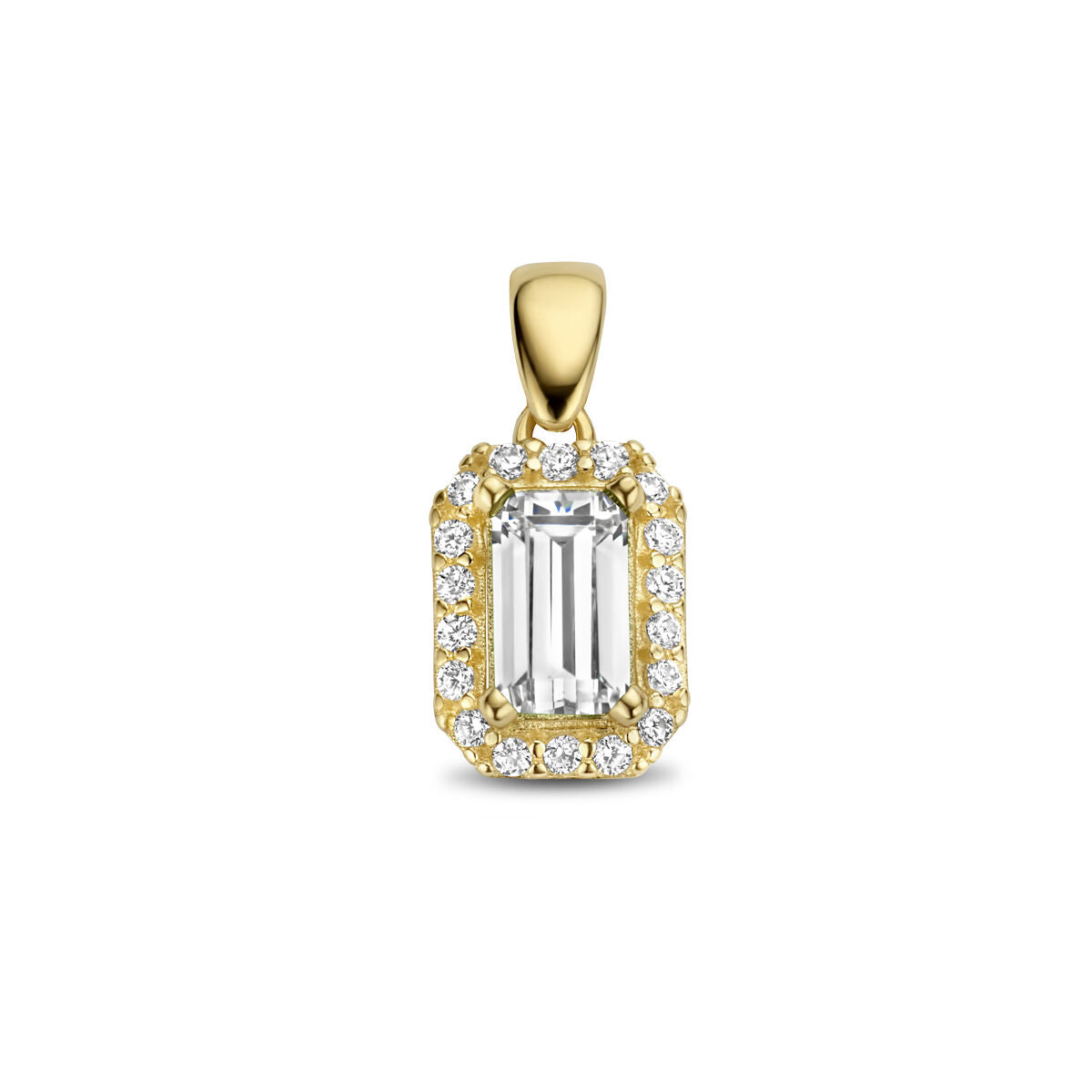 Ciondolo in oro giallo 14K con zircone a forma rettangolare circondato da pietre brillanti.