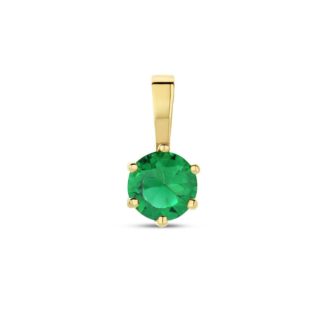 Ciondolo in oro giallo 14K con pietra di nascita in zirconia verde, montatura a sei griffe.