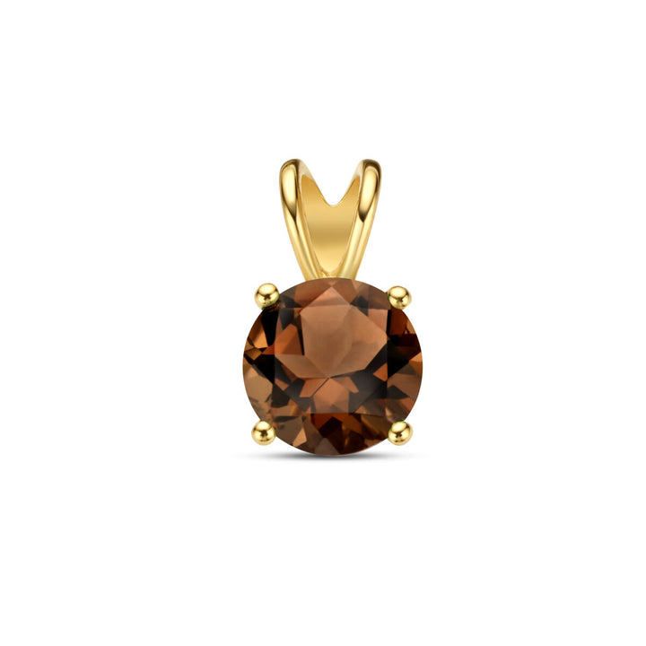 De Van der Kooij Collectie hanger rookkwarts 14K geelgoud heeft een ronde, facetgeslepen rookkwarts in een vierpunts zetting - een elegante dames sieraad tegen een witte achtergrond.