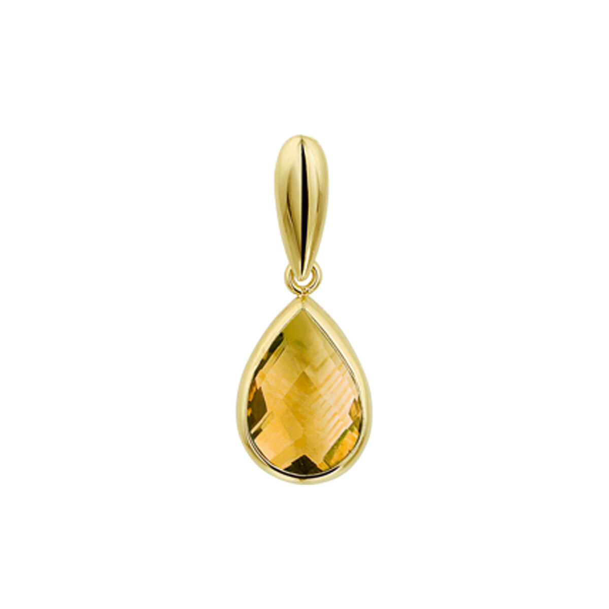 Hanger van 14K geelgoud met een druppelvormige citrien steen in een facette afwerking.