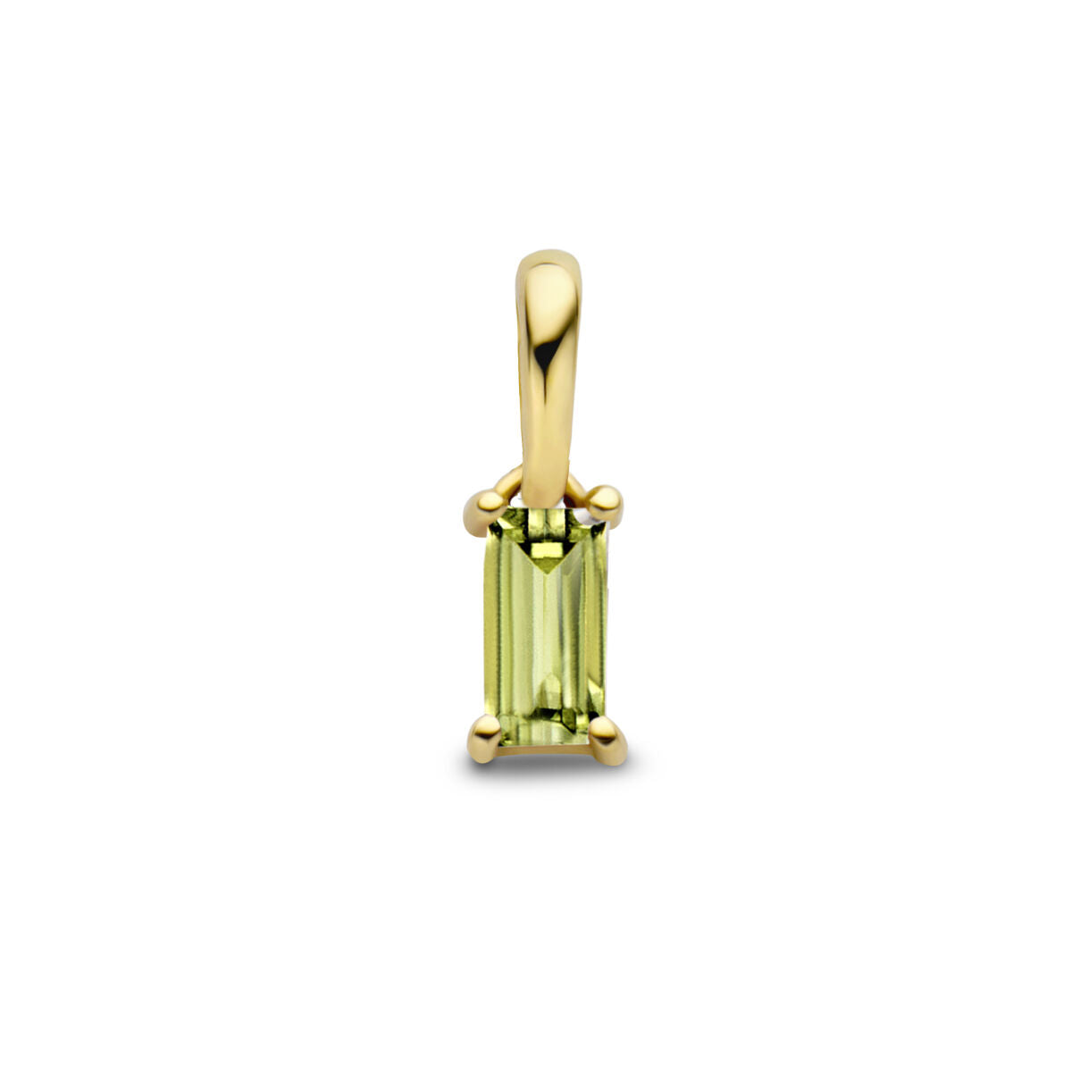 Ciondolo in oro giallo 14K con pietra di nascita verde a forma rettangolare.