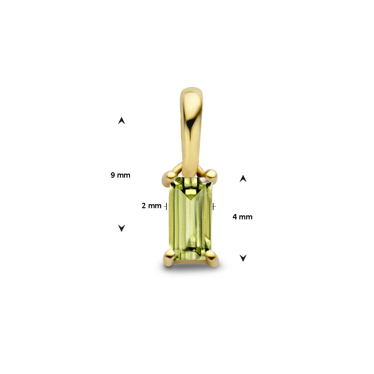 De Van der Kooij Collectie hanger met geboortesteen 14K geelgoud heeft een rechthoekige peridoot (9x4x2 mm) in verticale zetting.