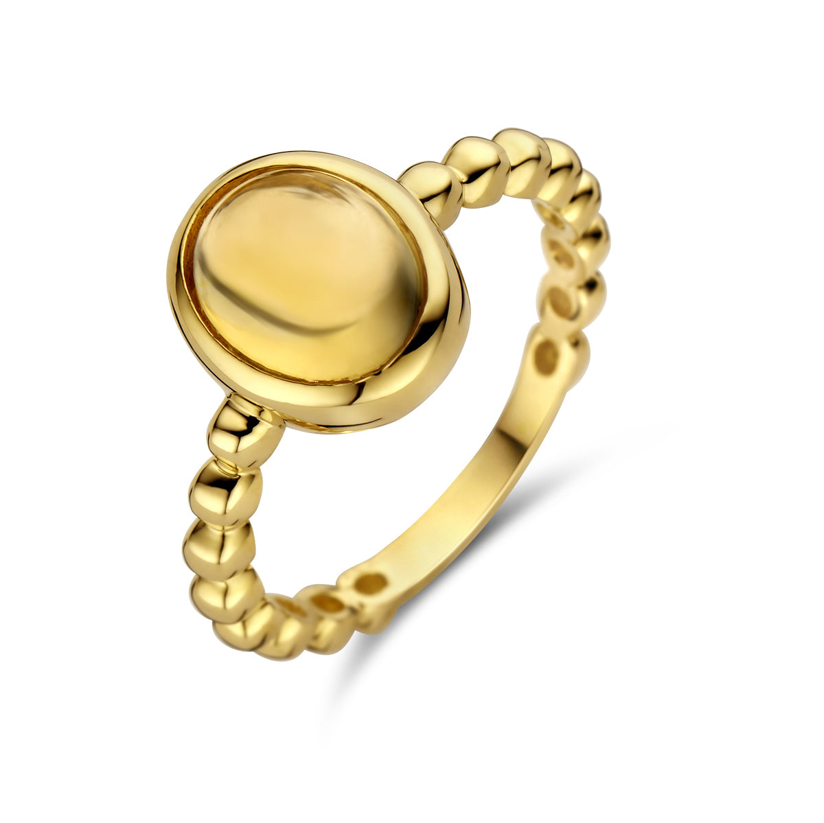 Anello in oro giallo 14K con pietra di citrino ovale e fascia a pallini.