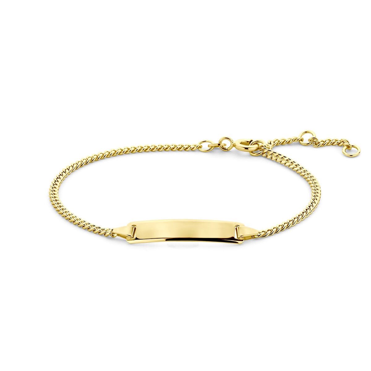 Bracciale in oro giallo 14K con placca liscia e maglia rolò, lunghezza regolabile.