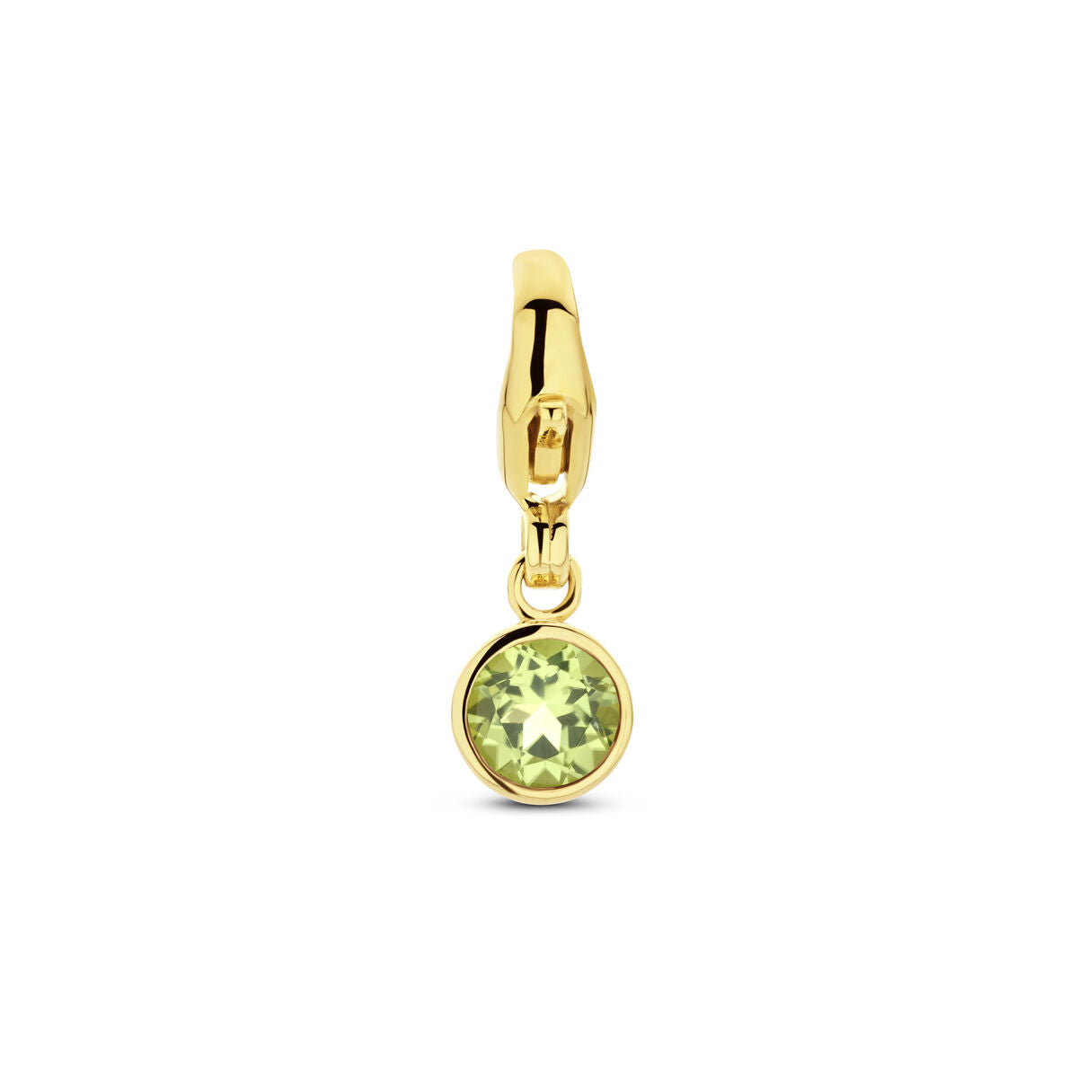 Charm in oro giallo 14K con pietra di nascita verde, forma rotonda.