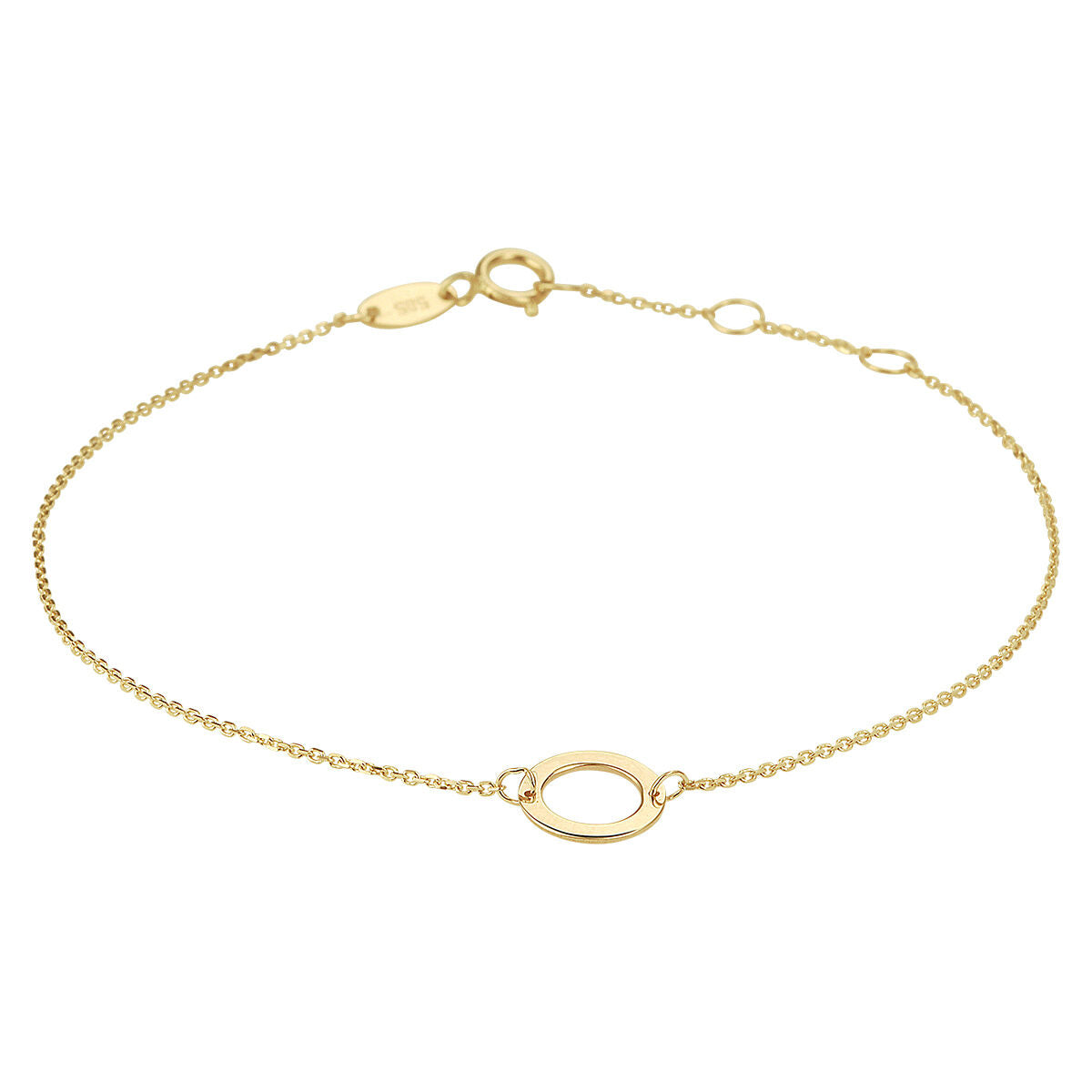 Bracciale in oro giallo 14K con maglia fine e un elemento ovale centrale.