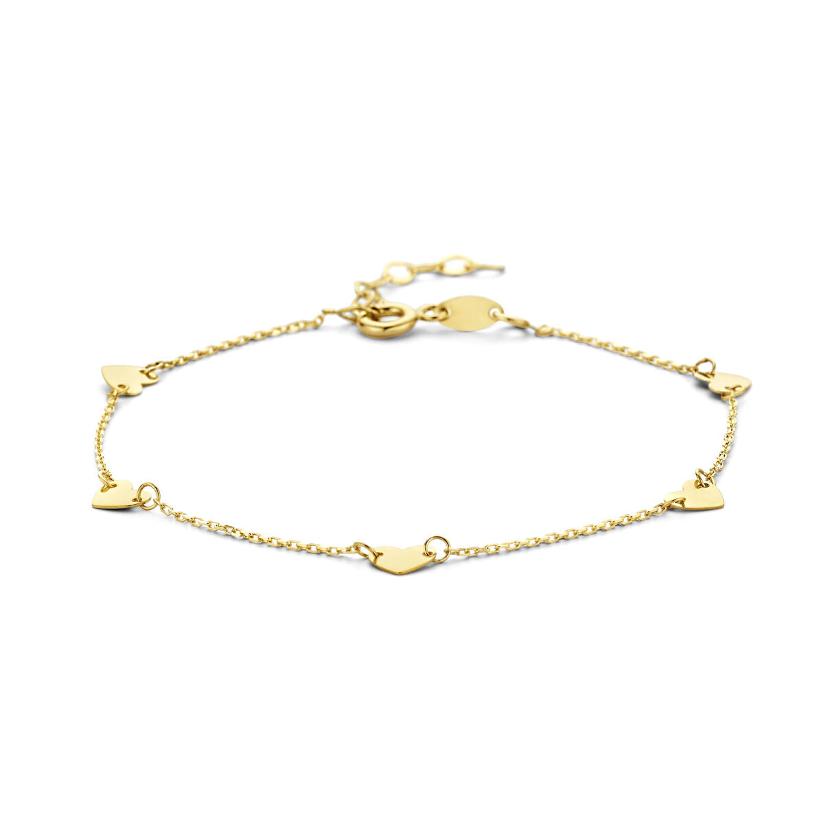 Bracciale in oro giallo 14K con charm a forma di cuore, lunghezza regolabile da 16,5 a 18,5 cm.