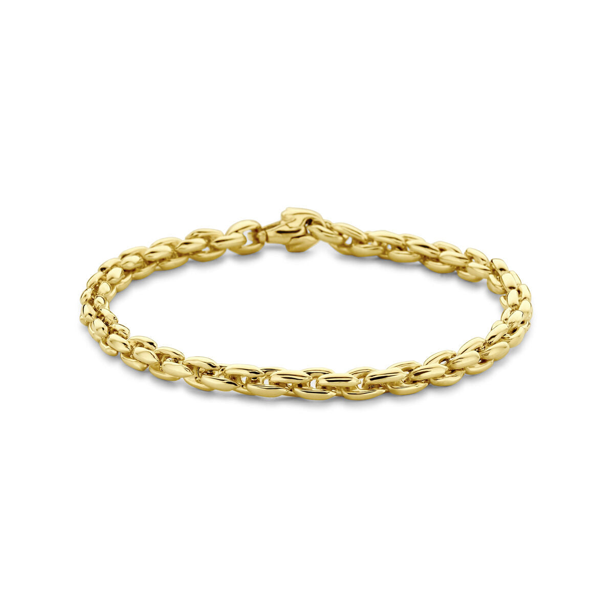 Bracciale in oro giallo 14K con maglie fantasia di 4,5 mm e lunghezza di 19 cm.