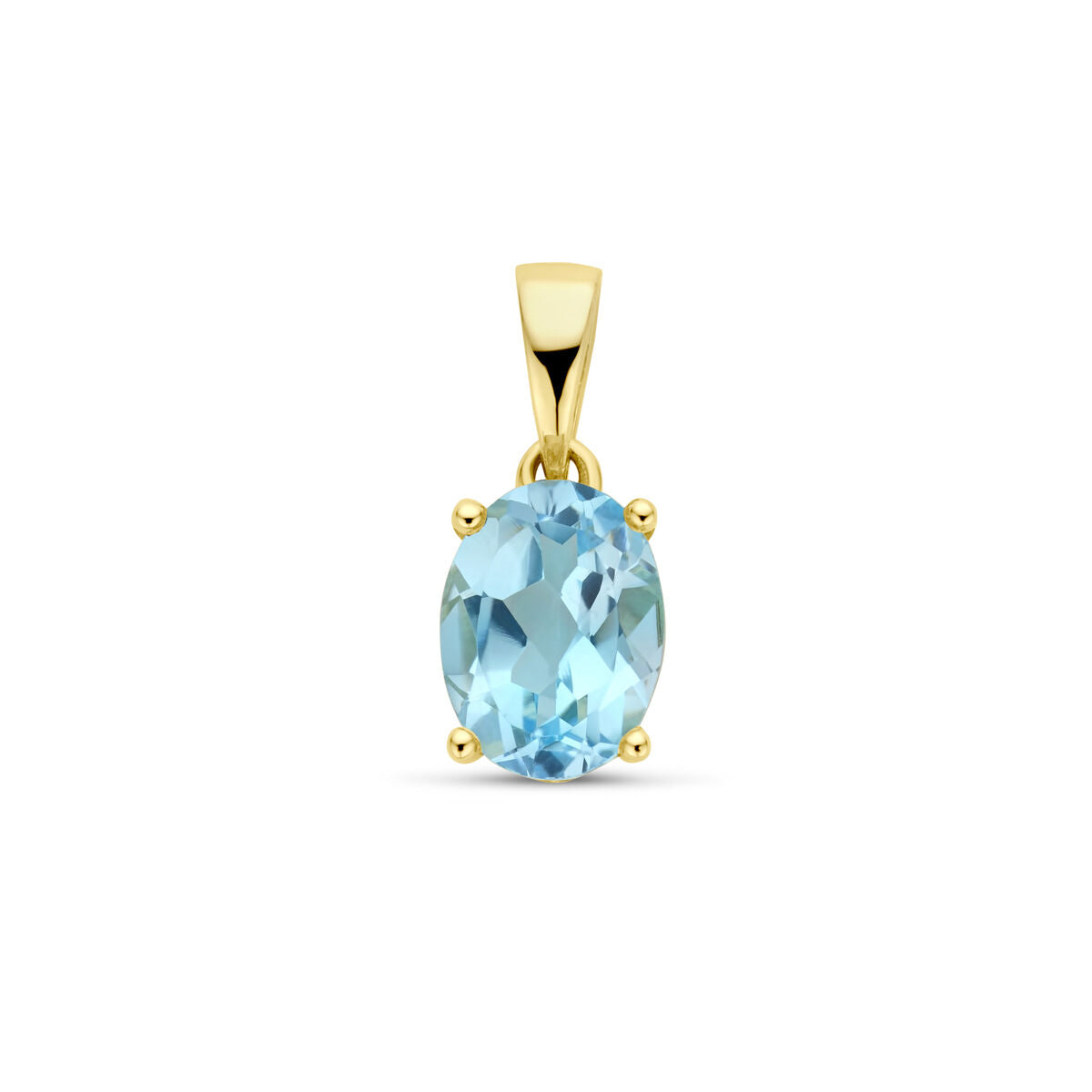Ciondolo in oro giallo 14K con topazio blu ovale.