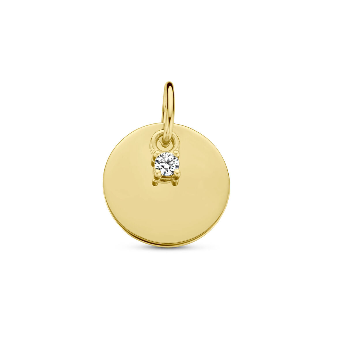 Graveerhanger van 14K geelgoud in cirkelvorm met een kleine diamant.