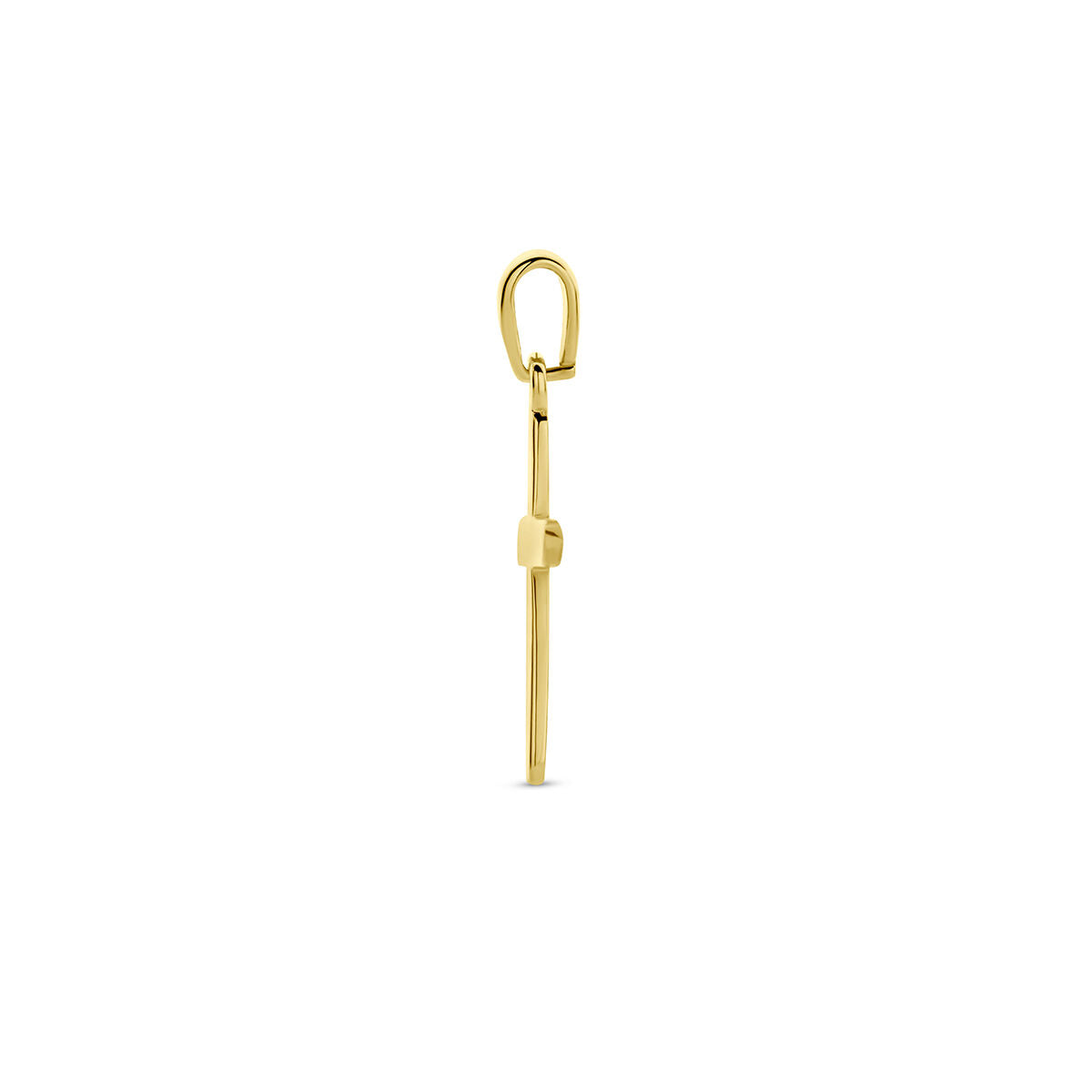 Een enkel 14K geelgoud "hanger kruis" van Van der Kooij Collectie wordt getoond tegen een effen witte achtergrond - een subtiele knipoog naar het religieuze thema.
