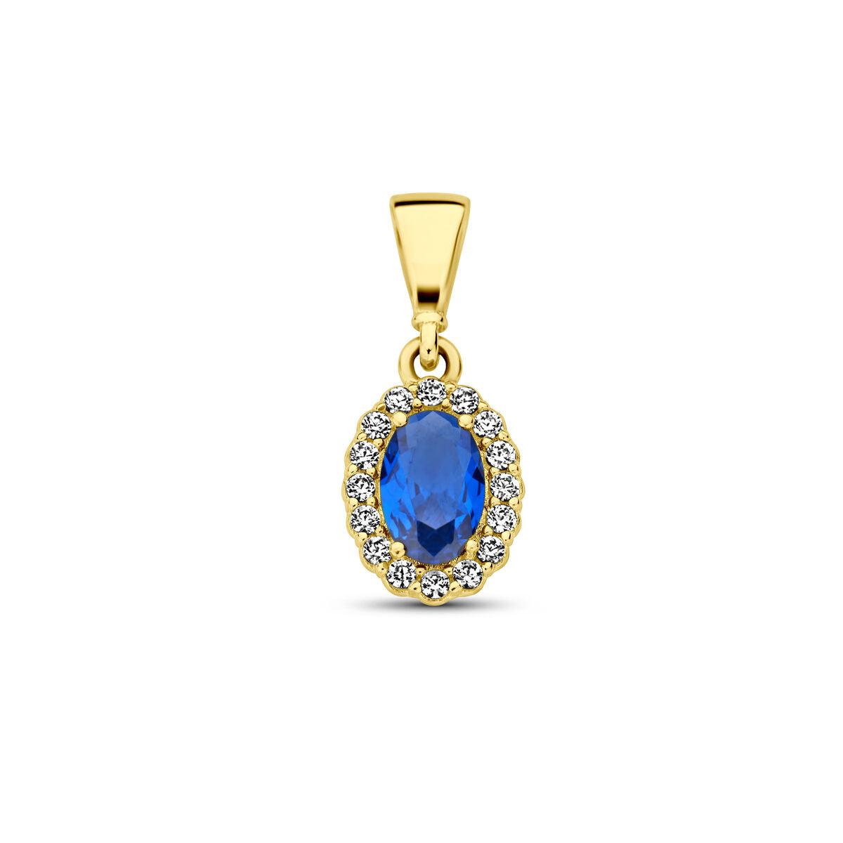Hanger van 14K geelgoud met een ovale blauwe zirkonia omringd door kleine heldere steentjes.