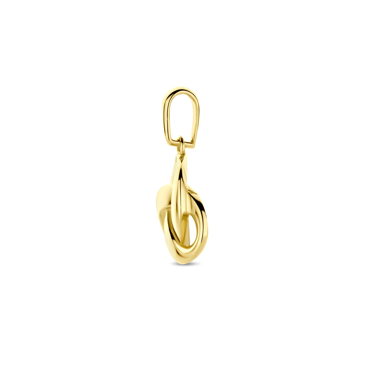 Ciondolo a forma di nodo in oro giallo 14K, misura 16 mm.