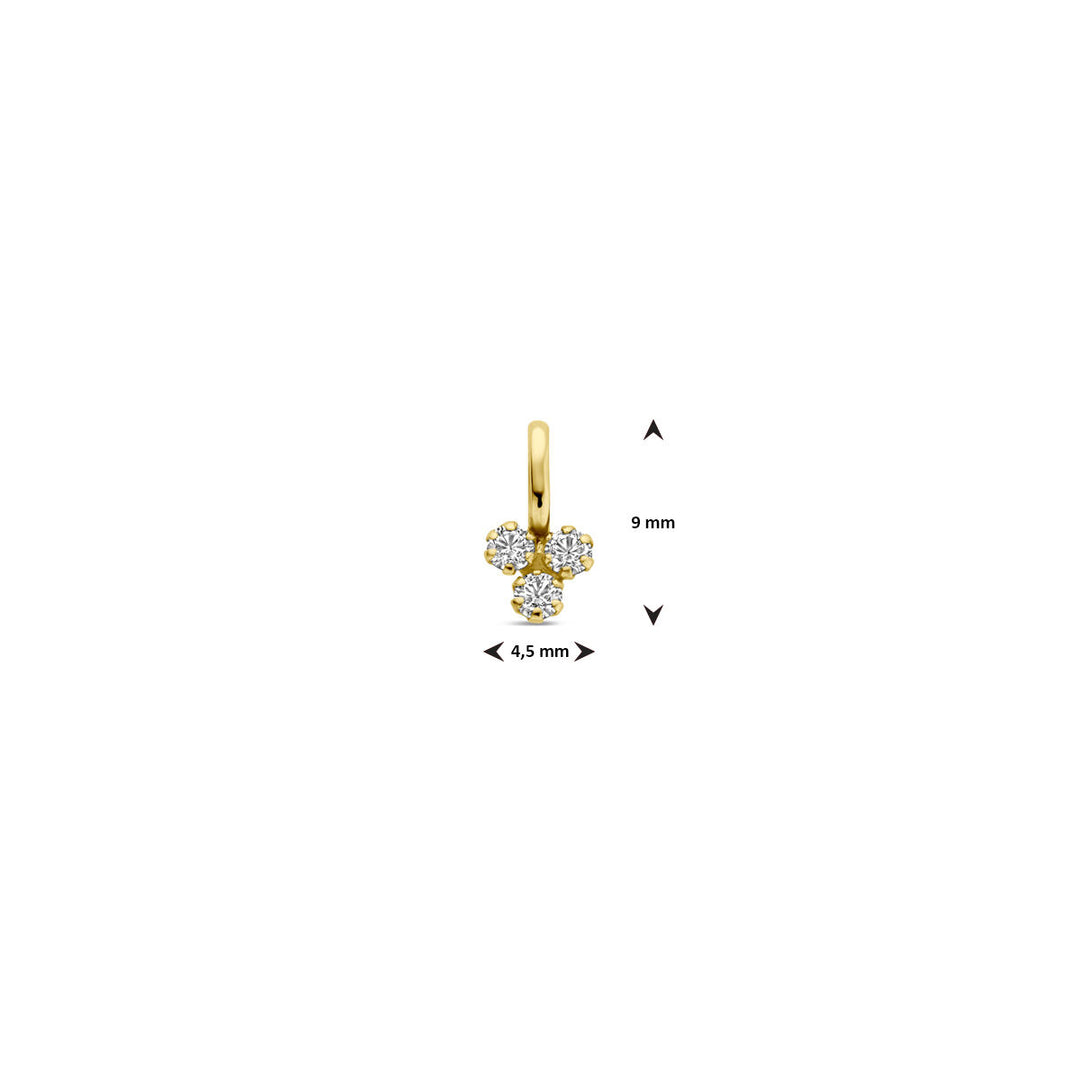 De Van der Kooij Collectie hanger zirkonia 9 mm 14K geelgoud heeft drie ronde, witte zirkonia in een elegante driehoekige cluster. De dameshanger meet 9 x 4,5 mm en wordt gebruikt tegen een witte achtergrond met maatvermelding.