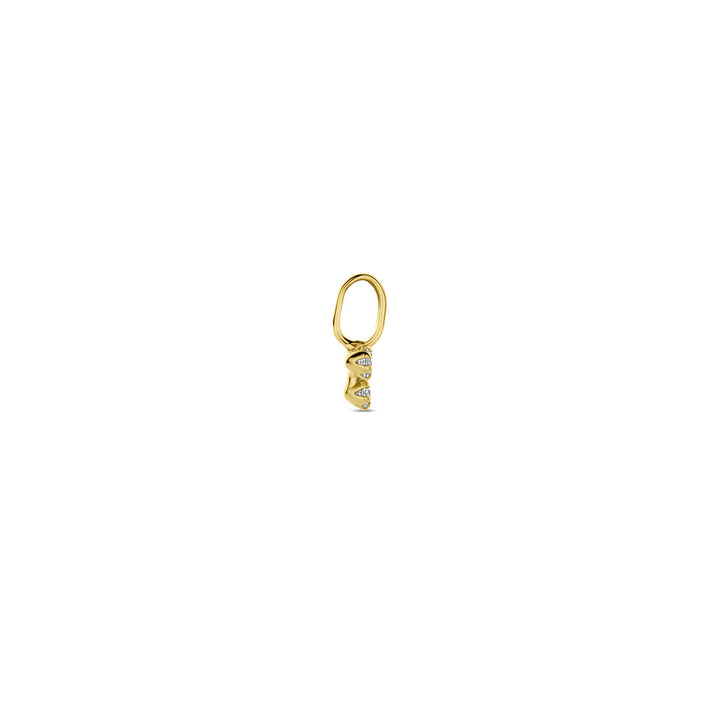 De Van der Kooij Collectie hanger zirkonia 9 mm 14K geelgoud heeft een lusvormige bovenkant, een cilindrisch draaiend ontwerp en sprankelende zirkonia-stenen - perfect voor damessieradencollecties. Gecentreerd weergegeven op een witte achtergrond.