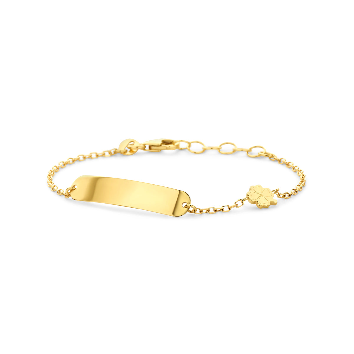 Bracciale in oro giallo 14K con piastra per incisione e charm a forma di quadrifoglio.