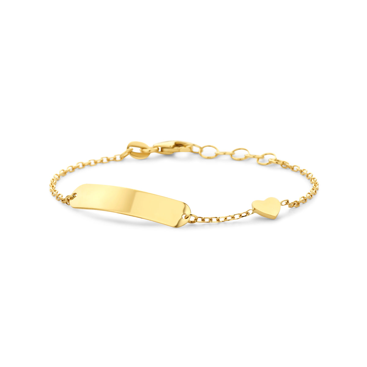 Bracciale in oro giallo 14K con placca liscia e ciondolo a forma di cuore.