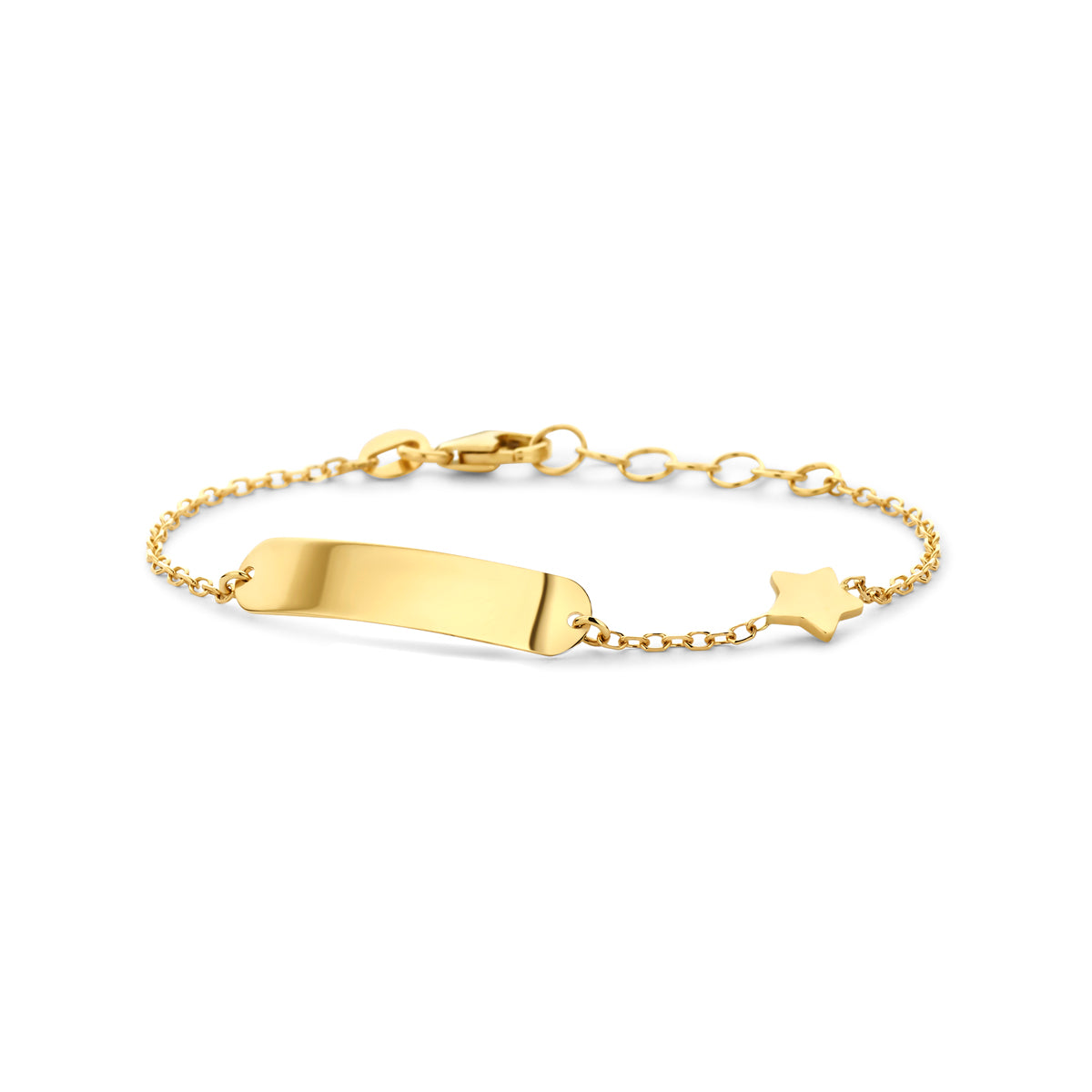 Bracciale in oro giallo 14K con placca rettangolare e stella pendente.
