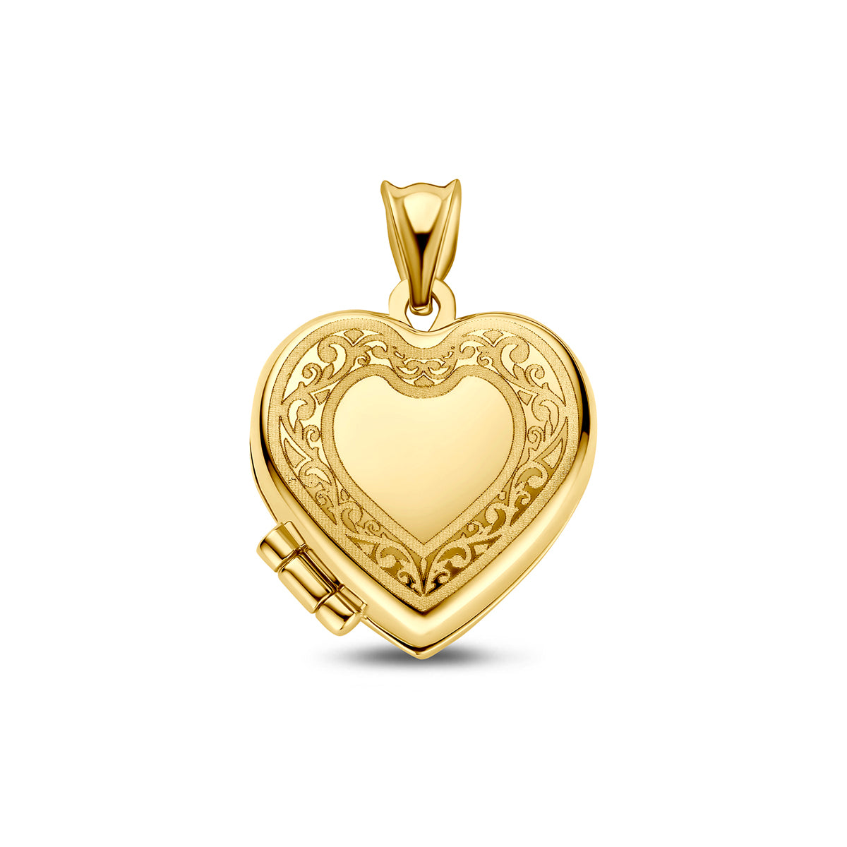Ciondolo a forma di cuore in oro giallo 14K con incisione decorativa.