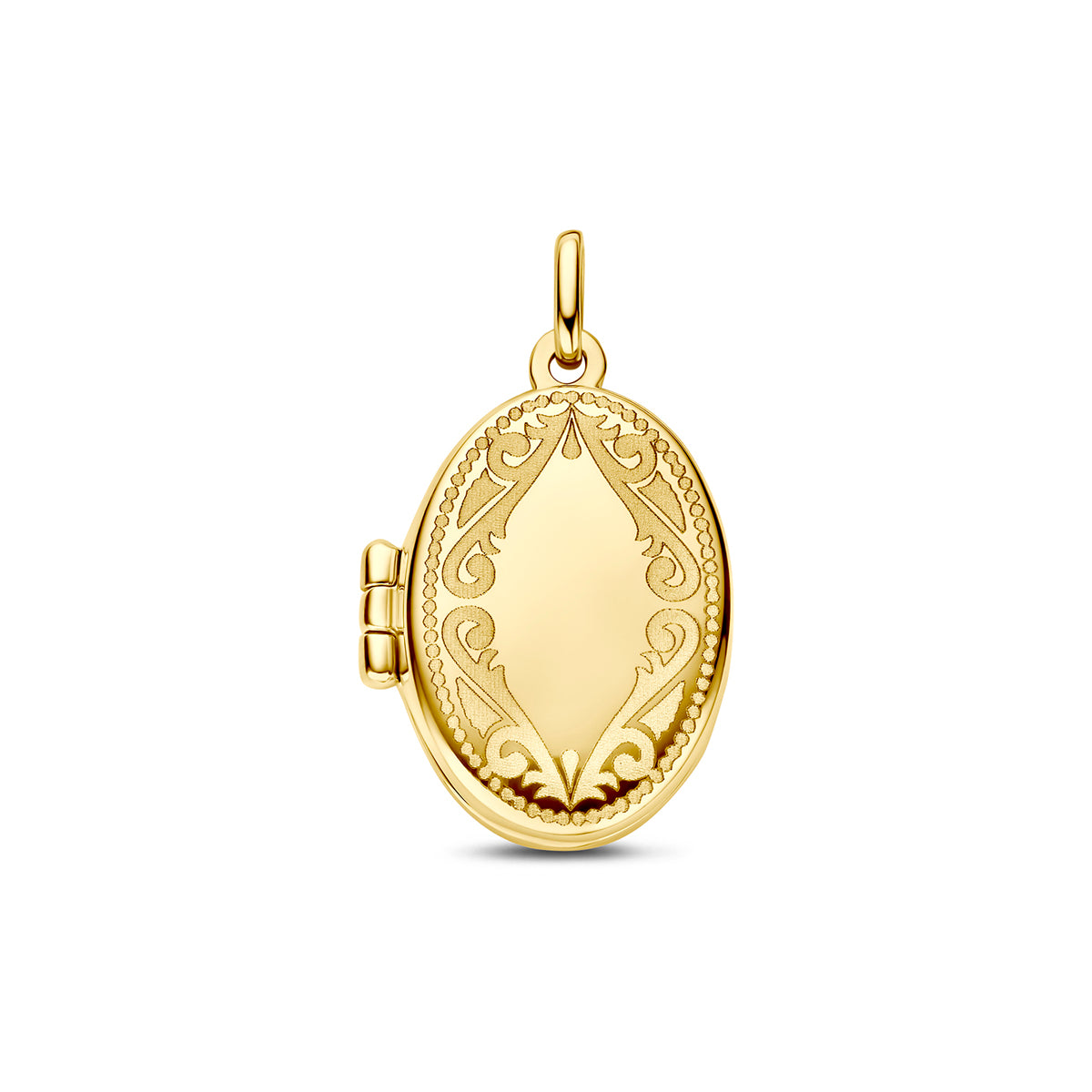 Medaillon ovale in oro giallo 14K con incisione decorativa, dimensioni 17 mm.