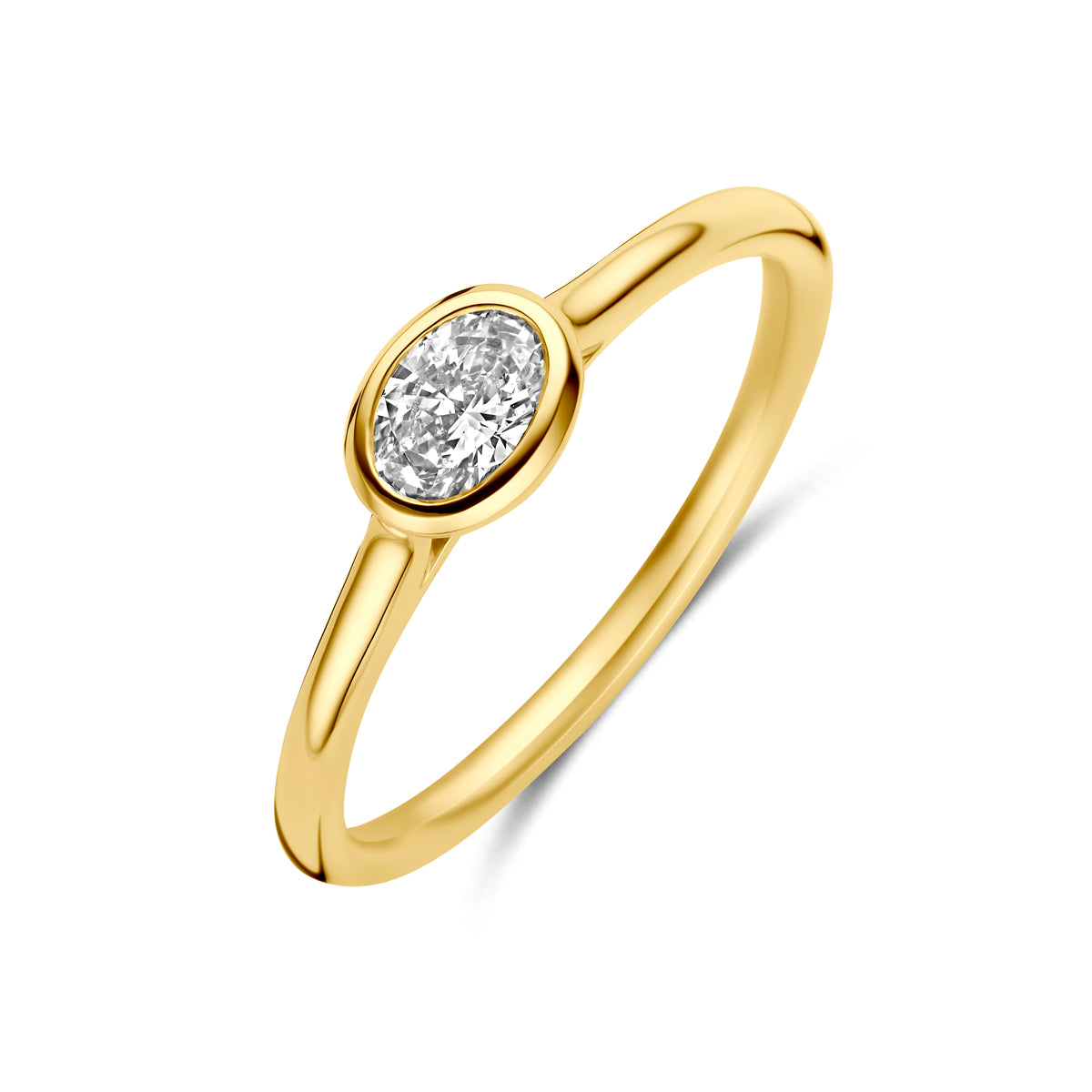 Anello in oro giallo 14K con diamante ovale da 0,42 ct, montatura semplice.