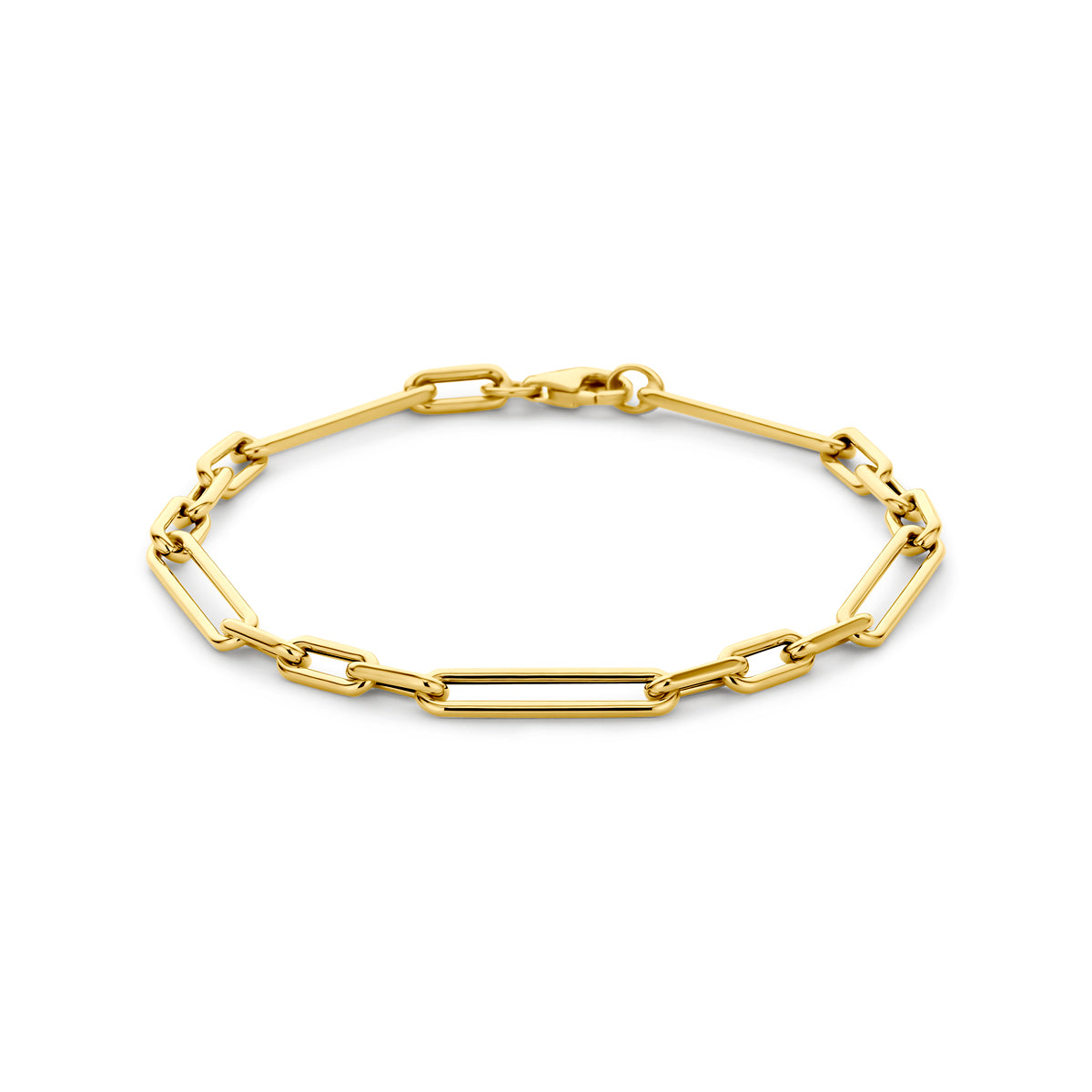 Bracciale in oro giallo 14K, 4,3 mm di larghezza, con maglie rettangolari e chiusura a moschettone.