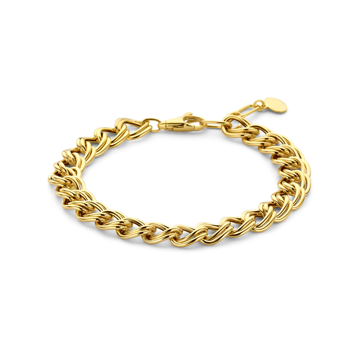 Bracciale in oro giallo 14K con maglia rolò di 8 mm, lunghezza 17 + 2 cm.