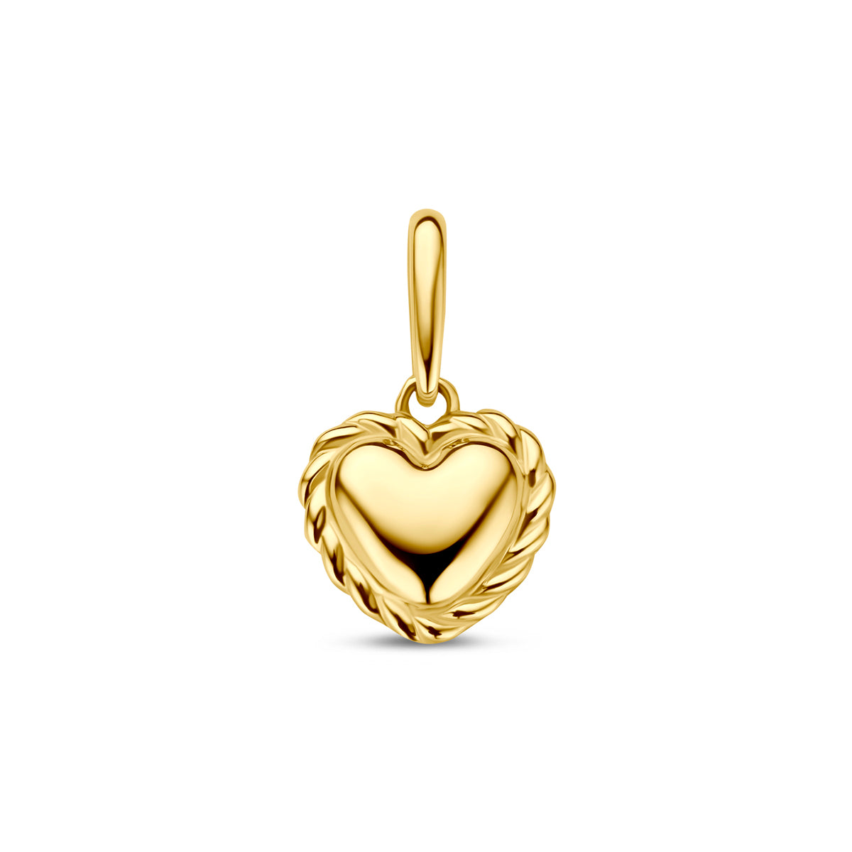 Ciondolo a forma di cuore in oro giallo 14K con finitura lucida e bordo intrecciato.