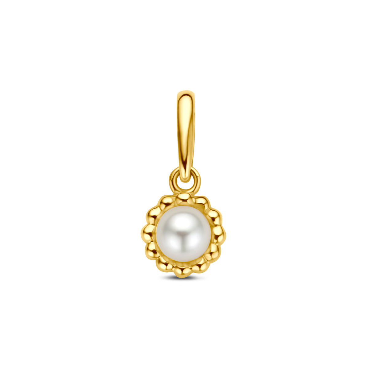 Ciondolo in oro giallo 14K con perla di 5,5 mm, decorato con dettagli a pallini.