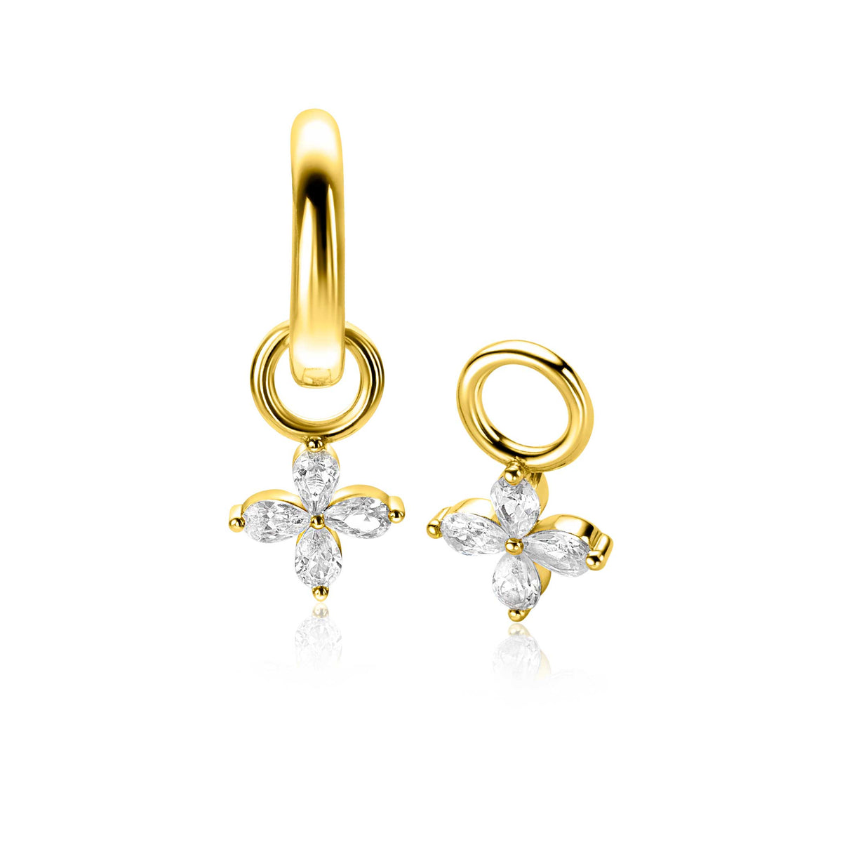 Orecchini pendenti in argento placcato oro con motivo floreale e pietre brillanti.
