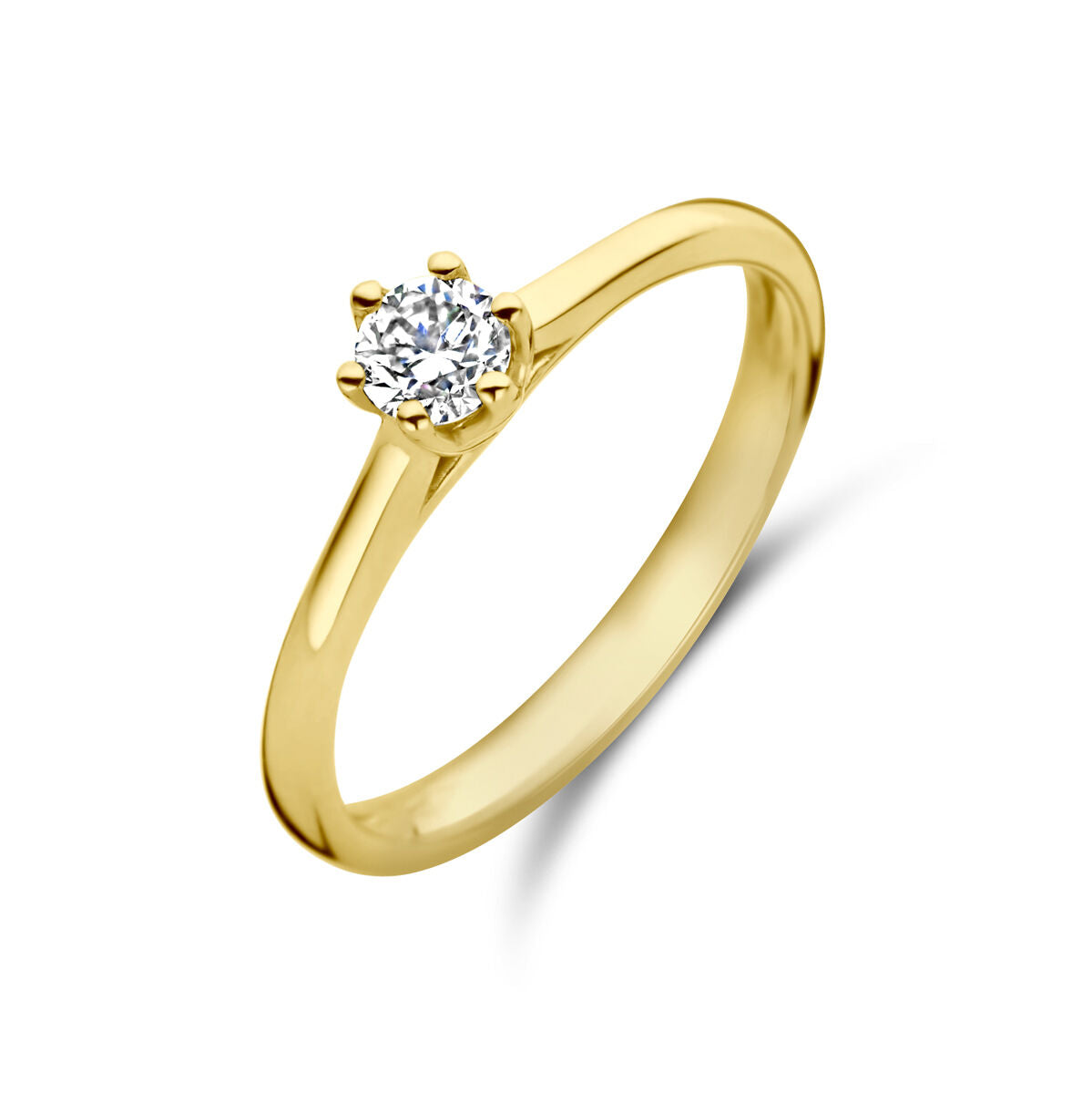 Anello in oro giallo 14K con diamante di 0,20 ct, montatura semplice e brillante.