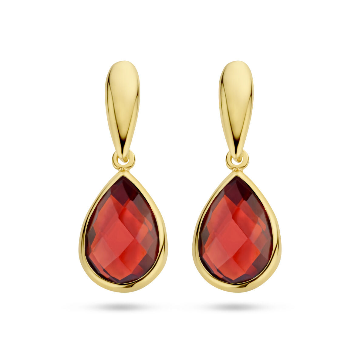 Orecchini in oro giallo 14K con pietra di granato a forma di goccia.