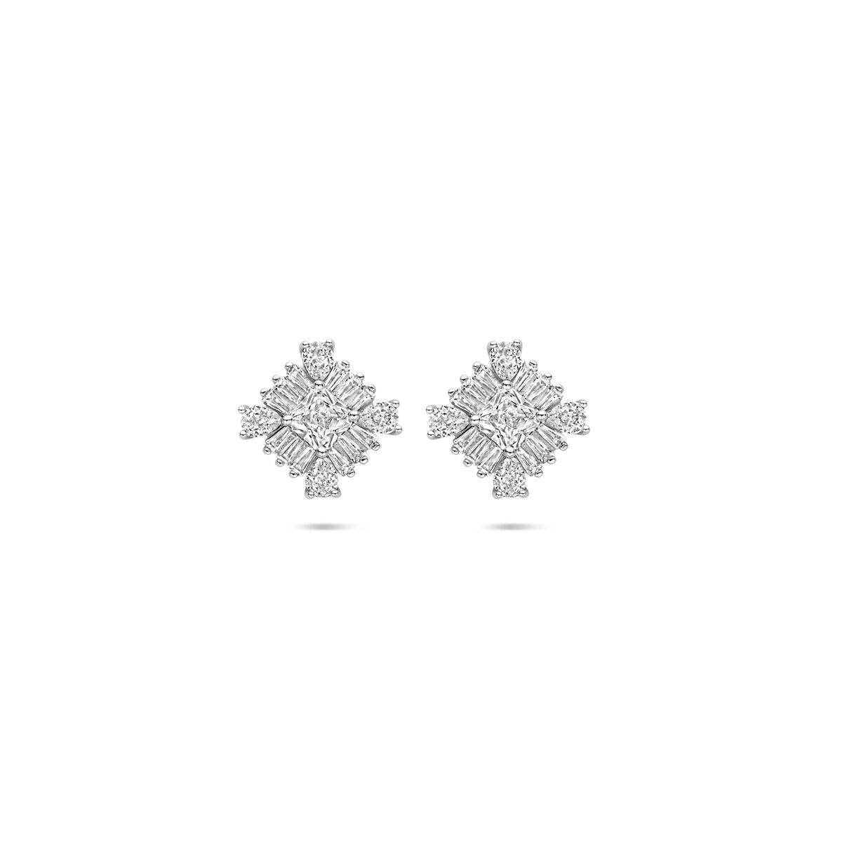 Orecchini in argento rodiato con zircone, forma a fiocco di neve, diametro 15 mm.