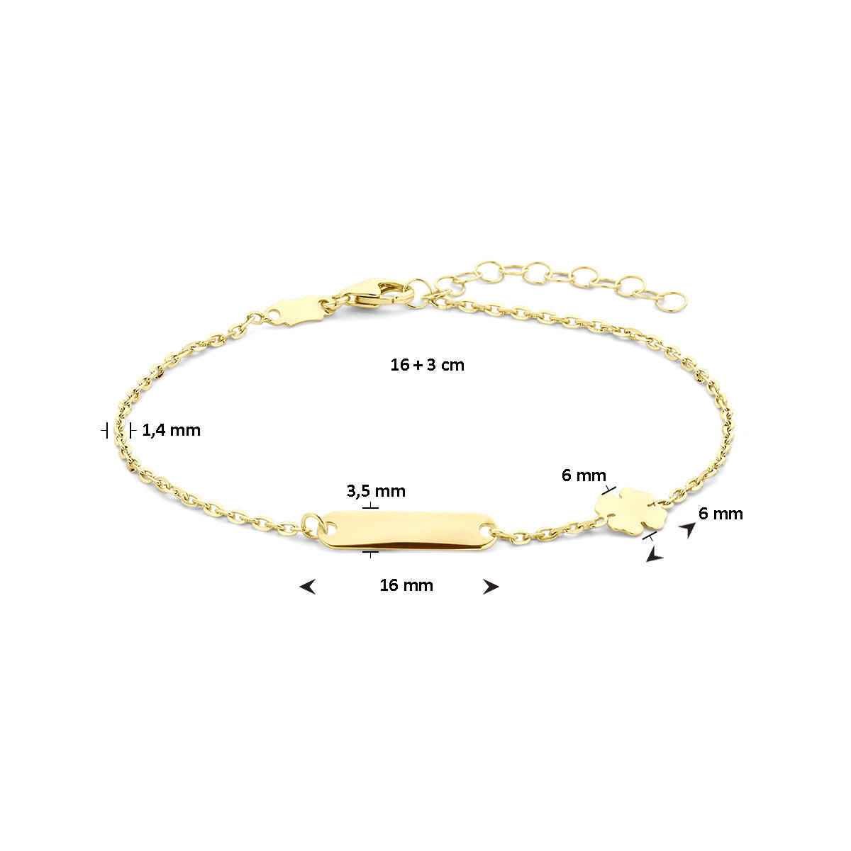 bracciale da incisione quadrifoglio piastra 3,5 mm 16 + 3 cm oro giallo 14K