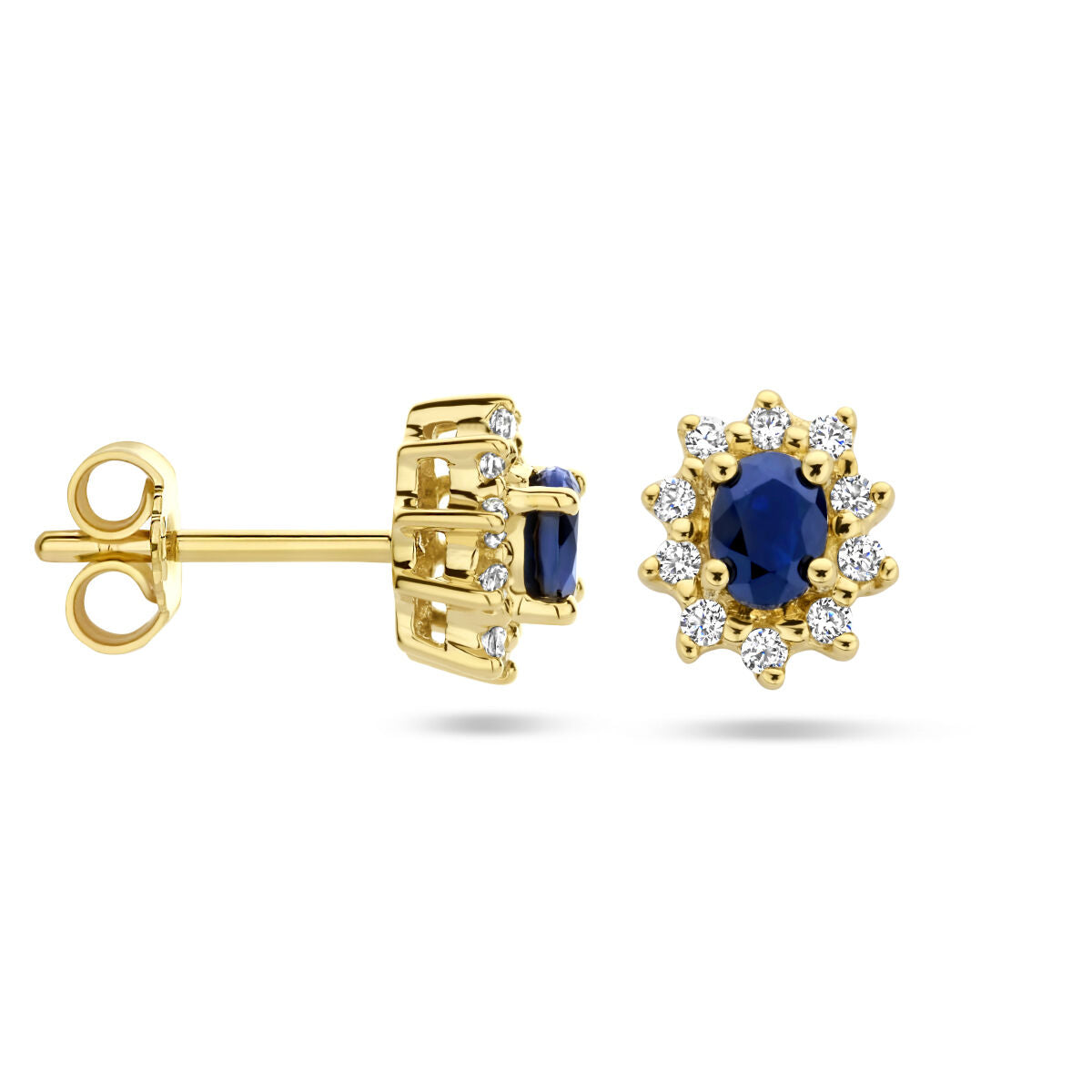 orecchini a bottoncino con zaffiro e zircone halo in oro giallo 14K