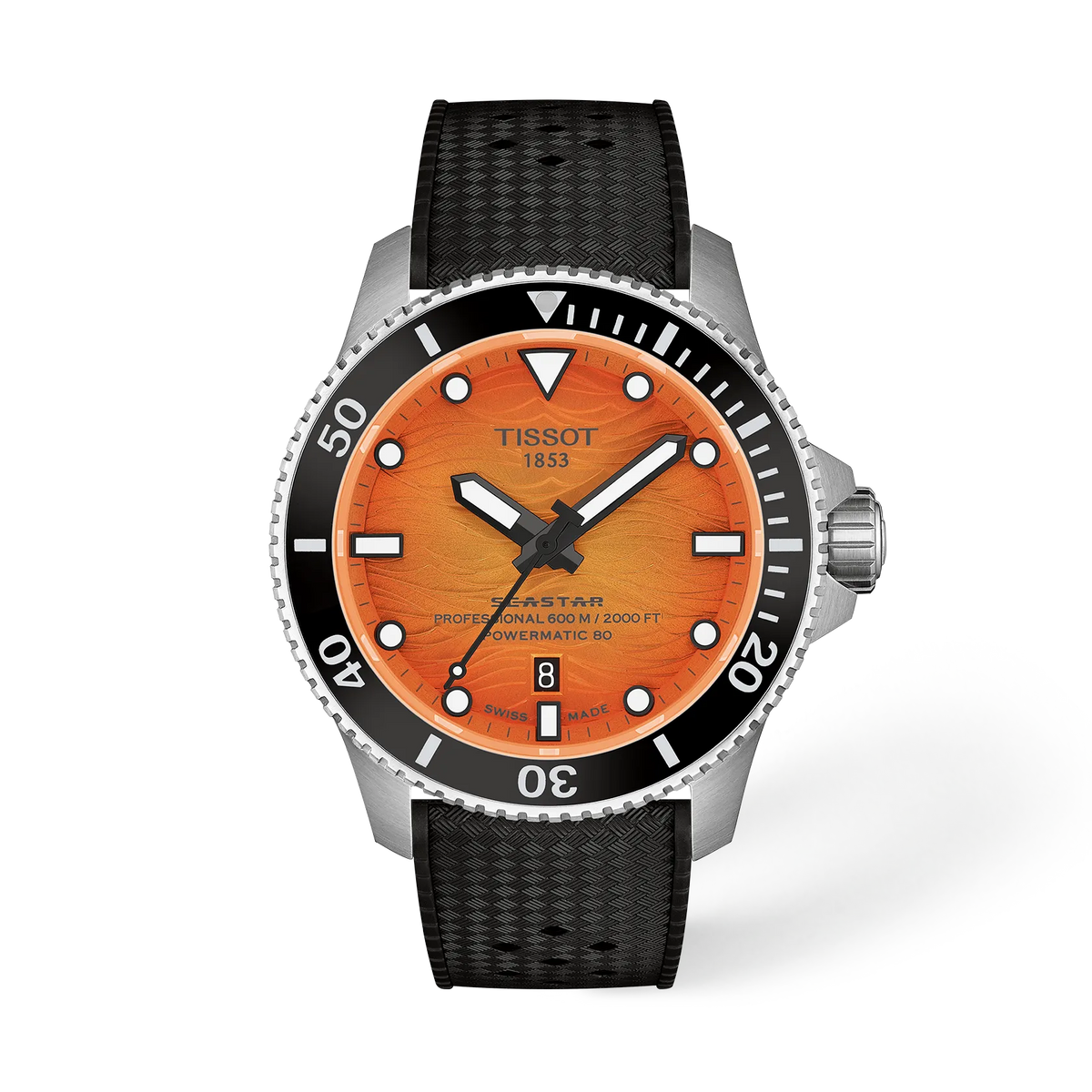 Orologio Tissot Seastar 2000 con cassa in acciaio, quadrante arancione e cinturino nero.