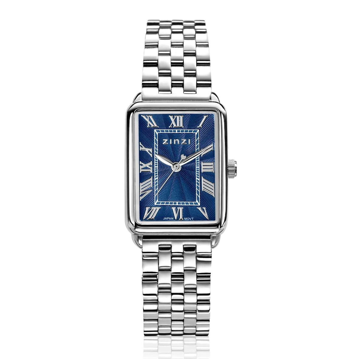 Orologio in acciaio color argento con quadrante blu e numeri romani.
