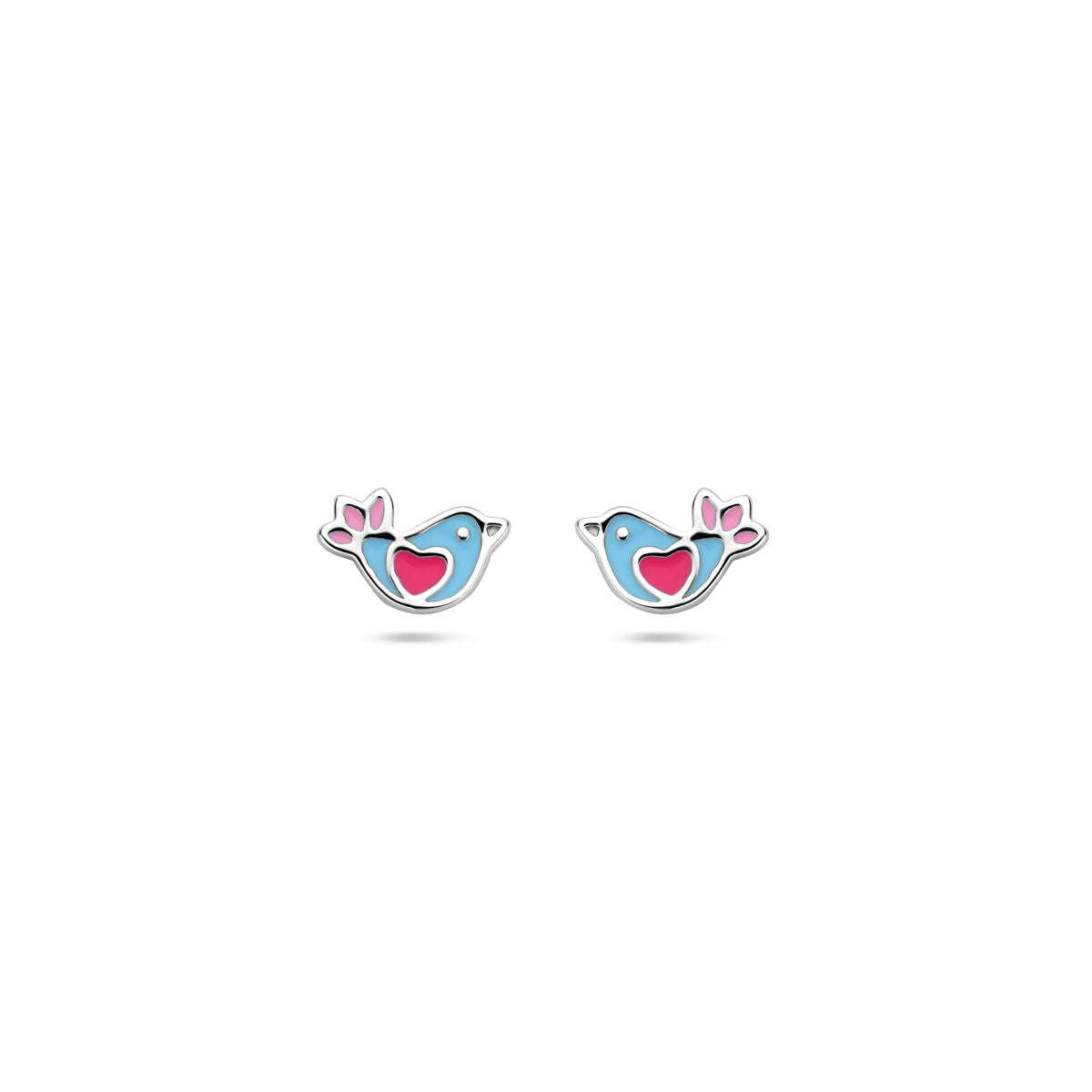 Orecchini a bottone in argento rodiato con smalto blu e rosa a forma di uccellino.