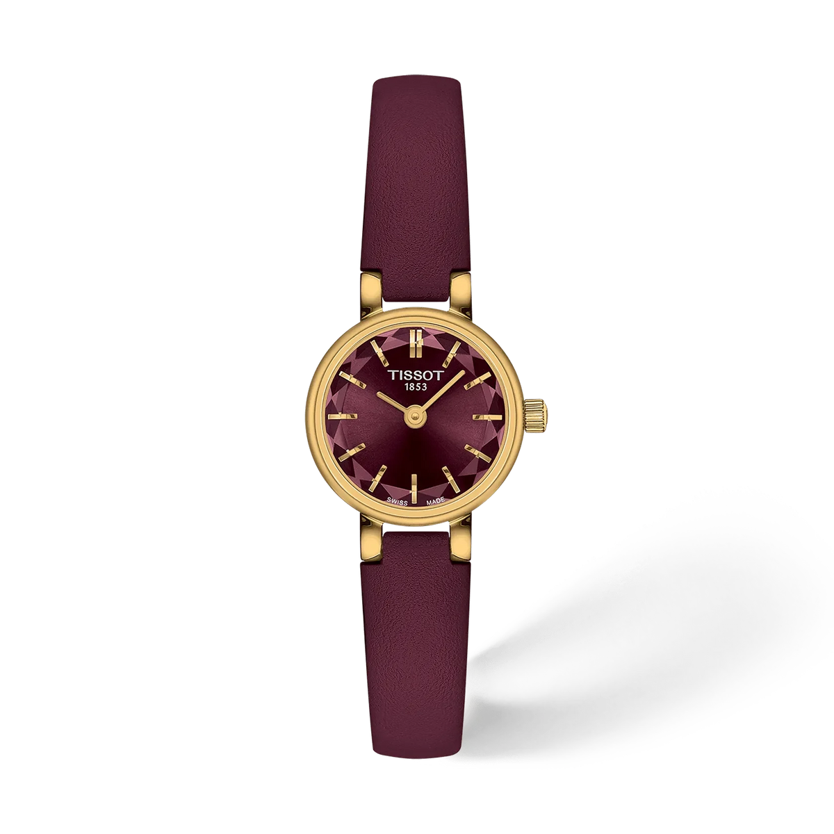 Orologio Tissot con cassa dorata, quadrante bordeaux e cinturino in pelle viola.