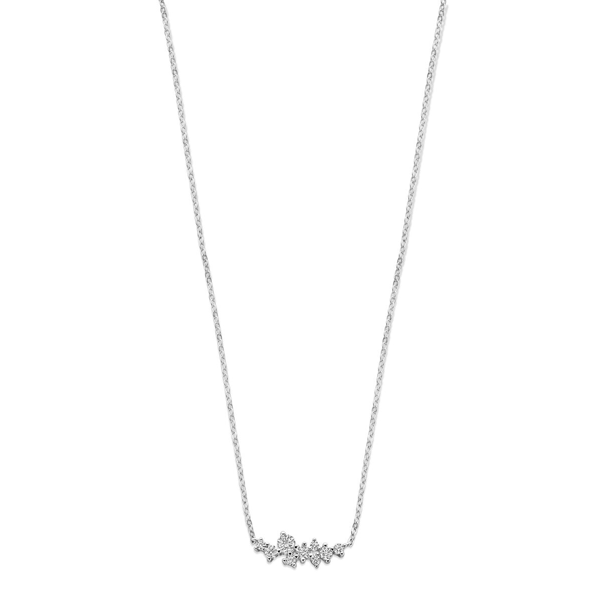 Collana in argento rodiato con zirconi, lunghezza 42 + 3 cm, design floreale.