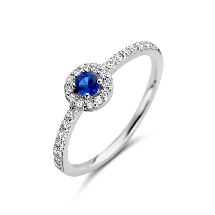 ring synth. saffier en zirkonia halo zilver gerhodineerd