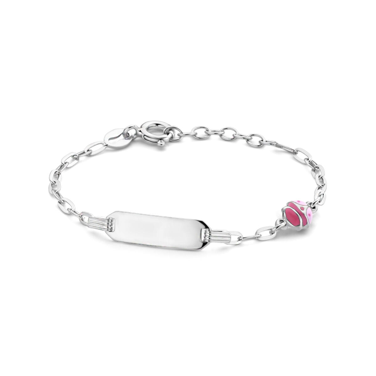 Bracciale in argento rodiato con piastra per incisione e ciondolo a forma di coccinella.