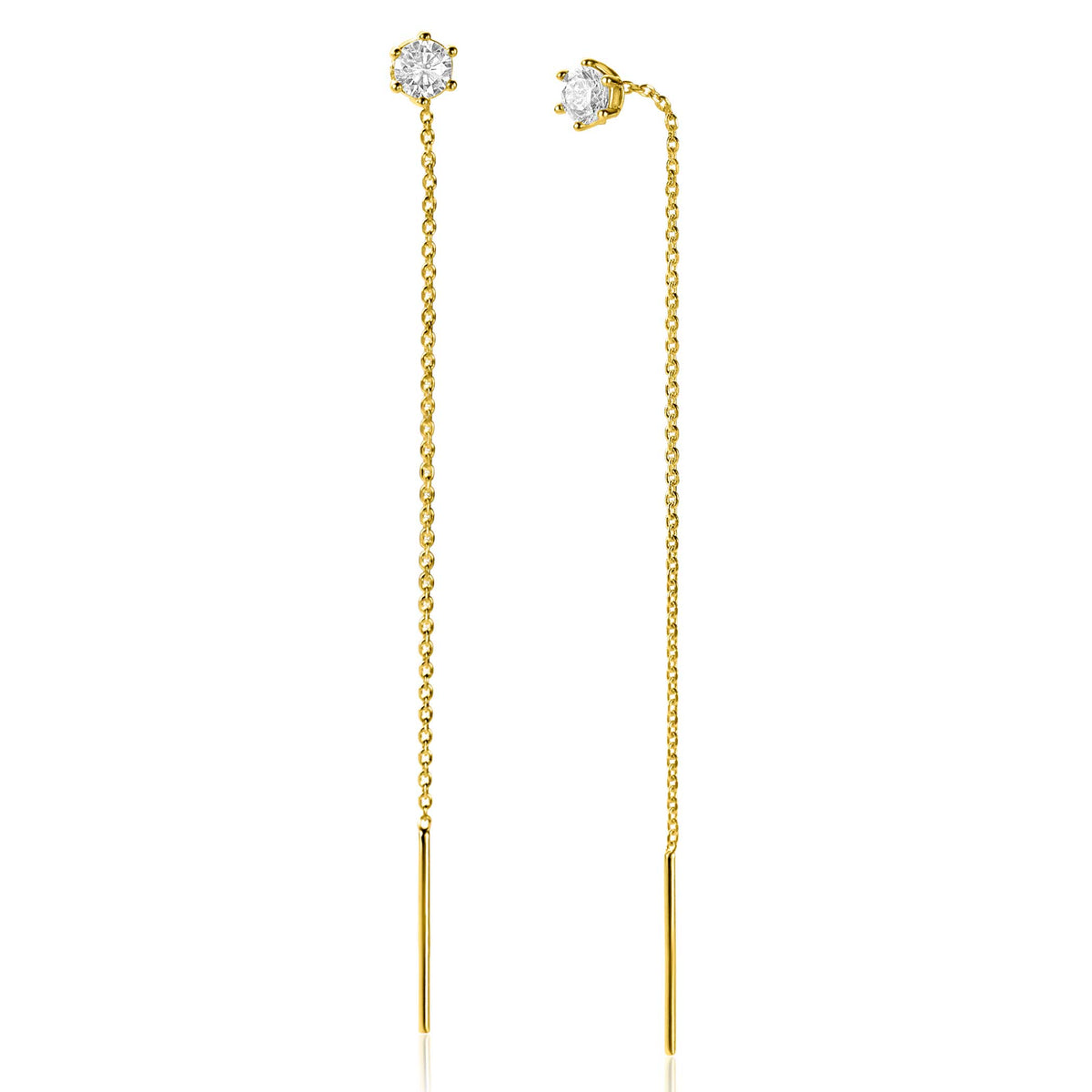 Orecchini pendenti in argento dorato con pietra trasparente, design lungo e sottile.