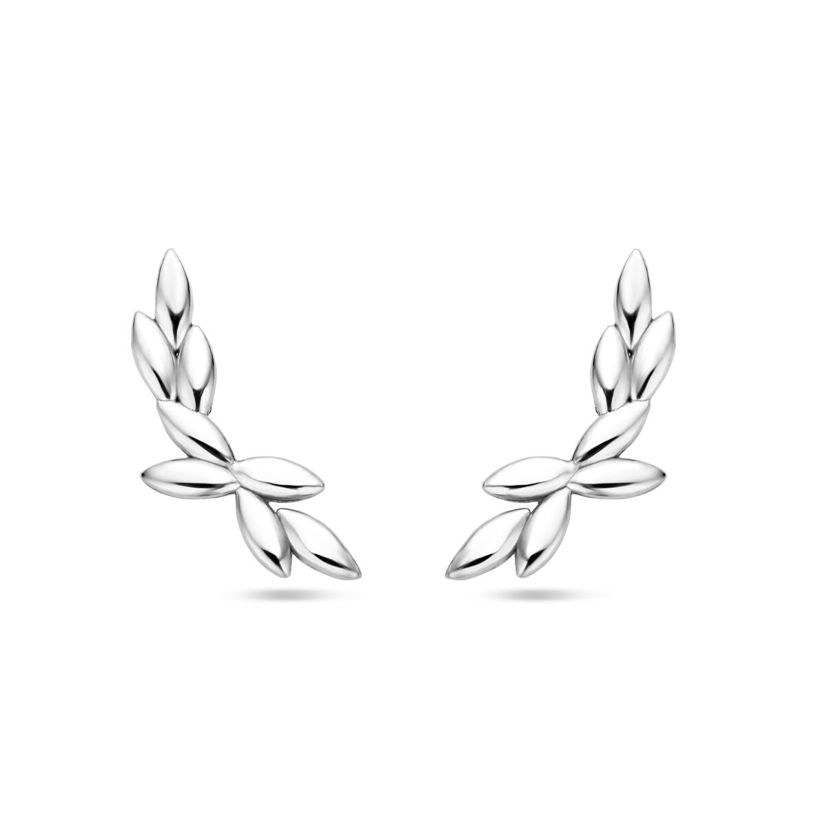 Orecchini a clip in argento rodiato, con design a foglia e forma allungata.