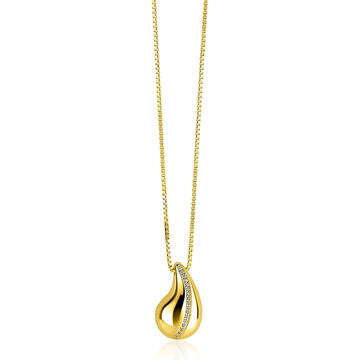 Collana in oro con pendente a goccia e dettagli in zirconia.