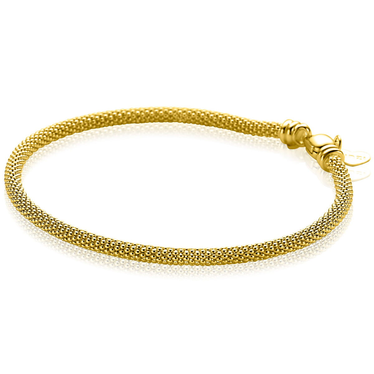 Bracciale placcato oro con design a maglia intrecciata e chiusura a moschettone.