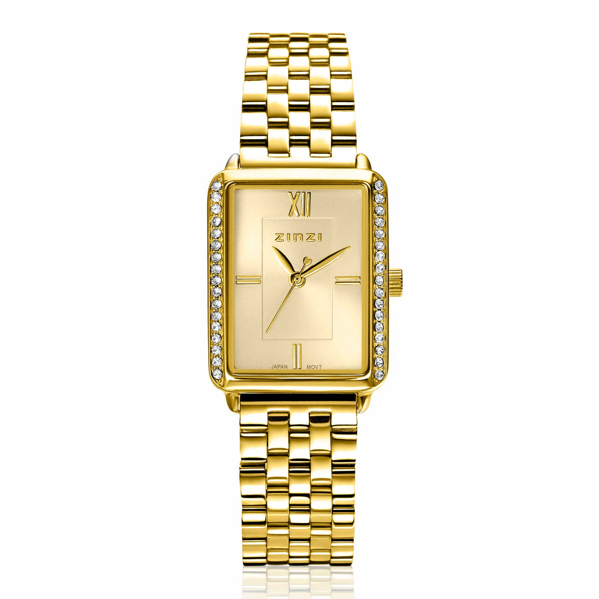 Orologio placcato oro con cassa rettangolare e cinturino a maglia, decorato con strass.