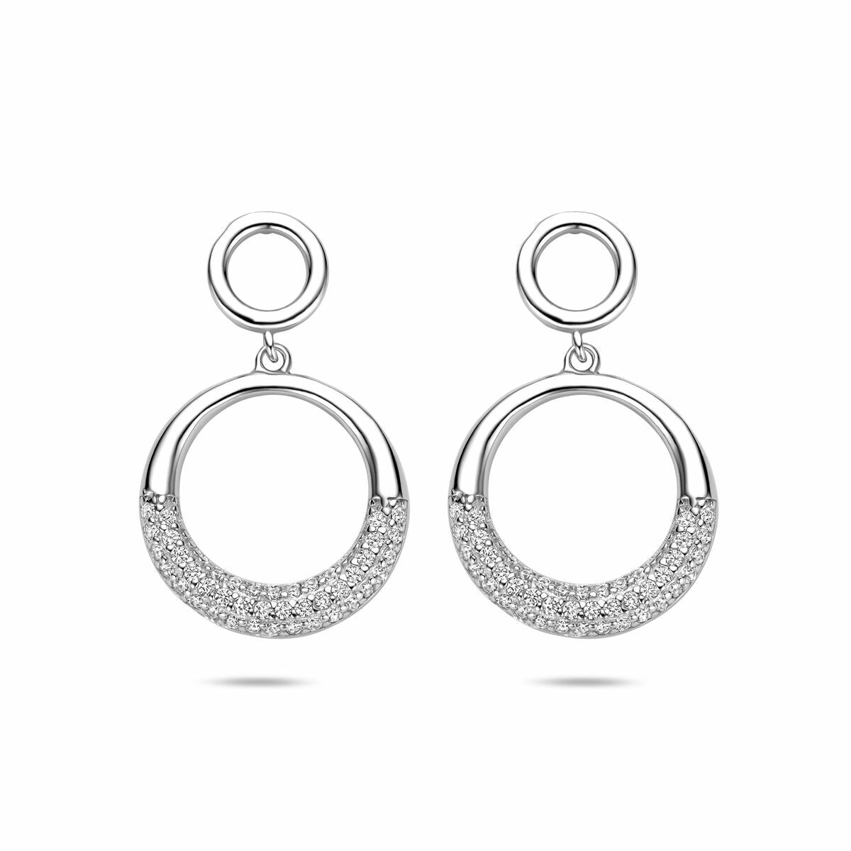 Orecchini in argento 925 rodiato con zirconi, forma circolare e dettagli scintillanti.